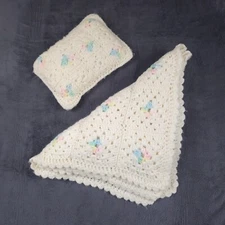 Crochet BABY BLANKET AFGHAN Lap Granny Squares 32"x38" Pink Off White Blue Yello