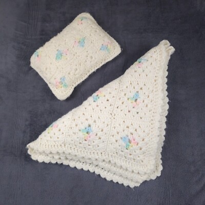 Crochet BABY BLANKET AFGHAN Lap Granny Squares 32''x38'' Pink Off White Blue Yello