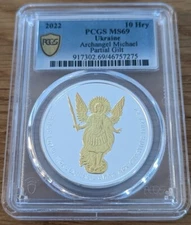 One Rare 2022 Ukraine Archangel Michael Partial Gilt Silver Coin PCGS (MS69)