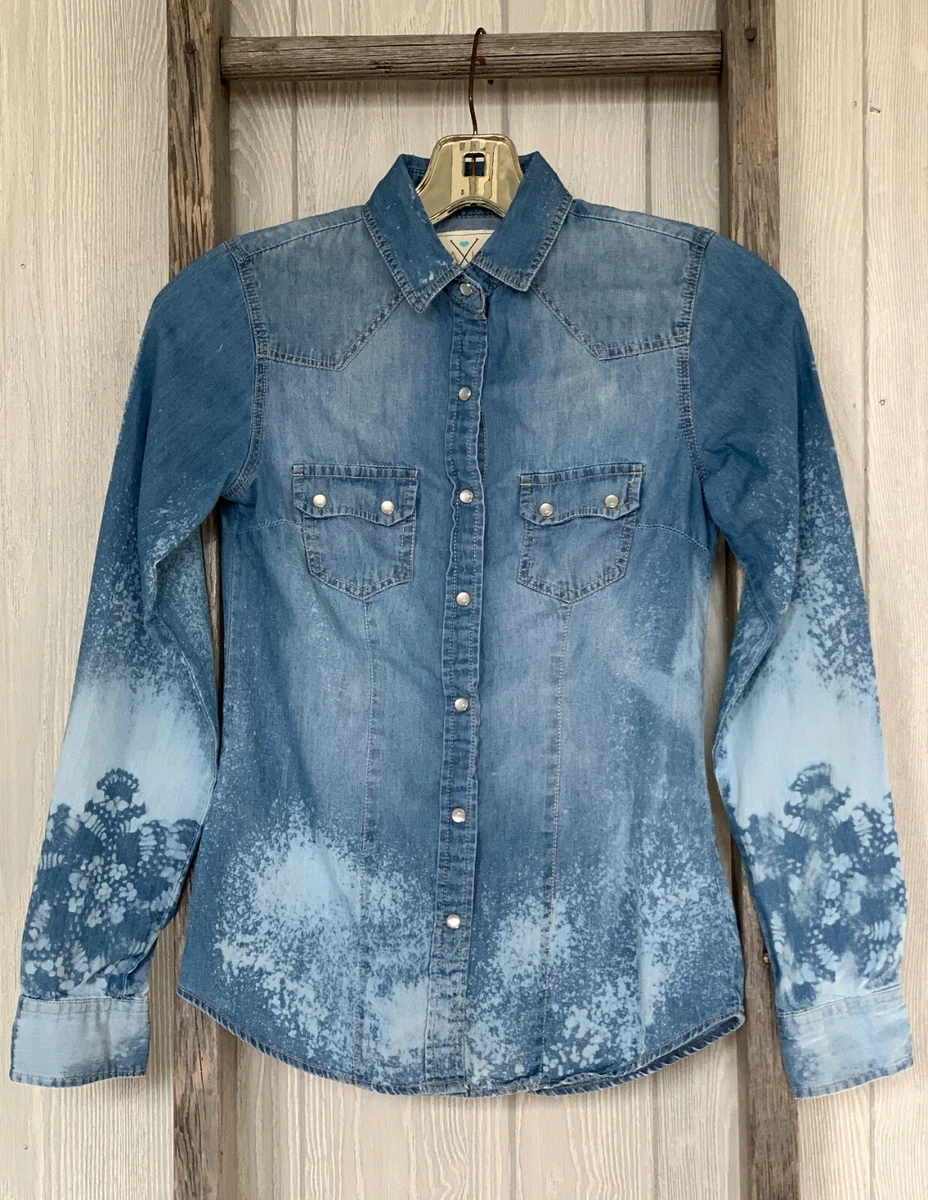 Women's Denim Western Shirt Cotton Printed Bleached Lace Design Size XS