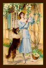 Sheltie Shetland Sheepdog Helping Woman Cut Roses