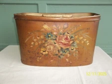 Rare Antique Vintage Leather? & Wood Hand Painted Magazine Rack Firewood Holder