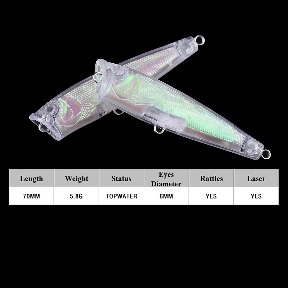 20PCS 7CM 5.8G Topwater Holographic Popper DIY Unpainted Bait Blank Fishing Lure - Image 2 of 4