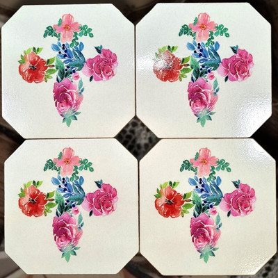 Deny Garden Flowers Cross Coasters Set of 4 Cork Back Religious Kitchen Table