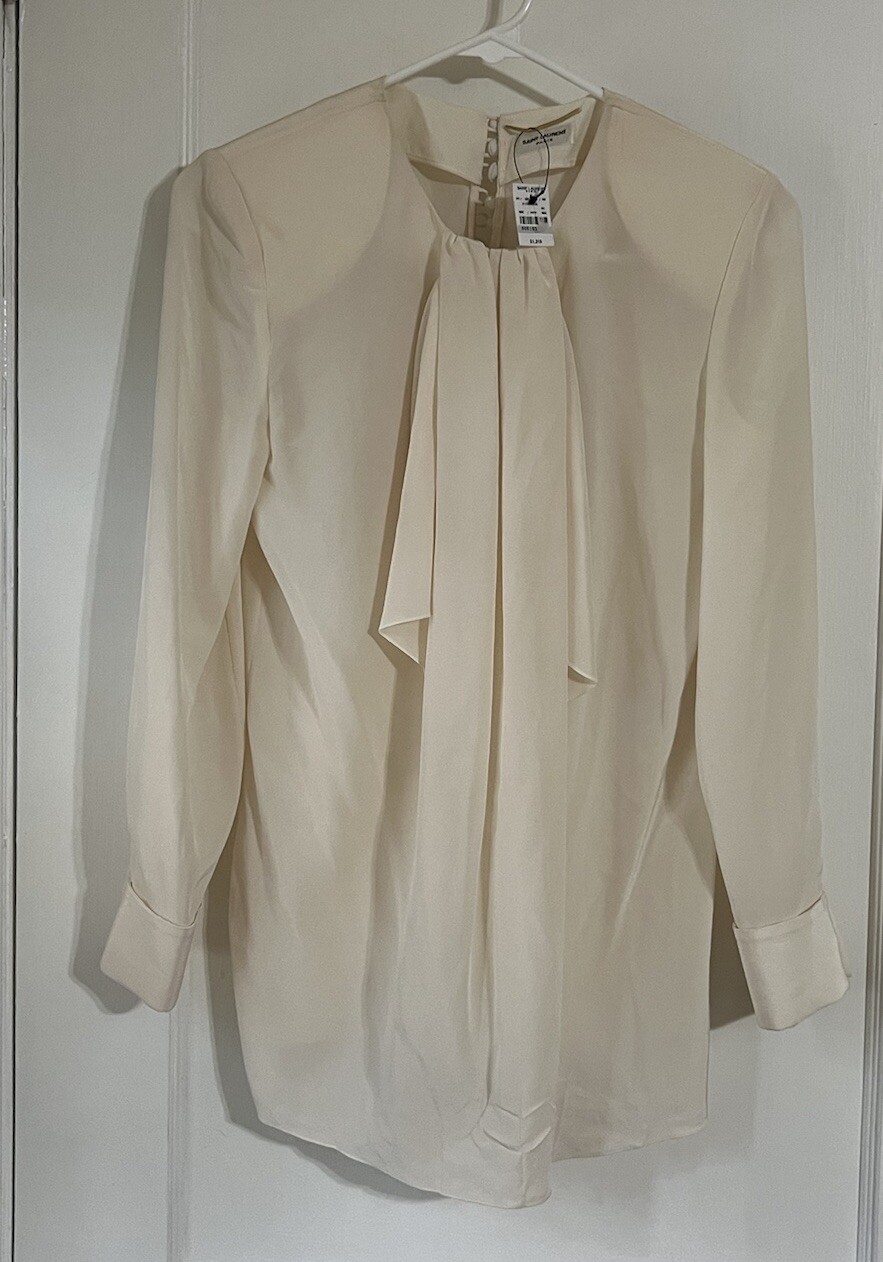 Camicia blusa SAINT LAURENT avorio BOW 100% seta
