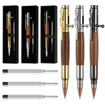Crtiin 3 Sets Bolt Bullet Pens for Men 1 Count (Pack of 3), Gold Silver Black 