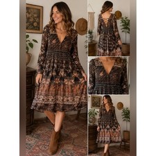 Urban Mango Brown Boho Lace-Up Back Long Sleeve Midi Dress Women's Large Earthy