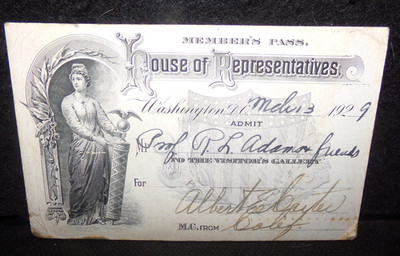 House 0f Representatives Visitor's Pass, 1929, Free Shipping