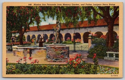 Mission San Fernando Memory Garden Father Serra Statue Linen Postcard LA AA266