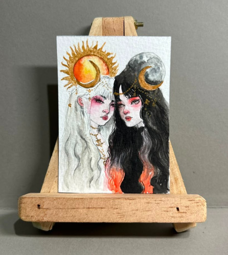 ACEO Original Watercolor Painting Sun Moon Celestial Girls Fantasy OOAK Art
