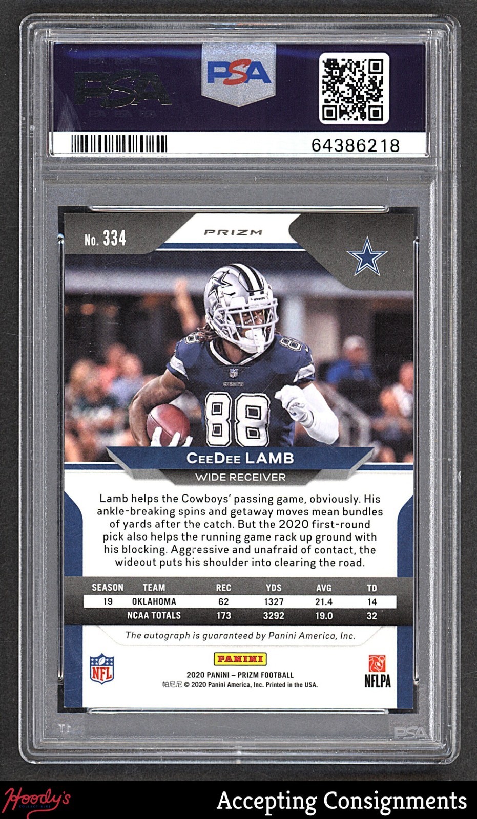 2020 Panini Prizm Silver Prizm #334 CeeDee Lamb RC ROOKIE AUTO PSA 9 MINT view 2