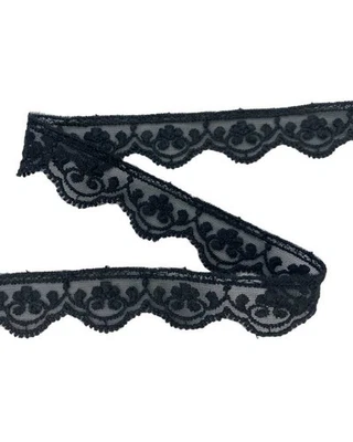 TOMASELLI MERCERIA Passamaneria Pizzo Merletto Raschel Tulle Morbido Nero Disegno Fiore Smerlato Al
