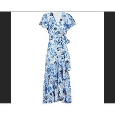 Tanya Taylor Blair Floral Wrap Dress Sz 8 Blue White Flutter Sleeves Midi