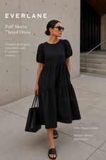Everlane Puff Sleeve Tiered Dress XS Black Cotton Minimalist Babydoll Midi T