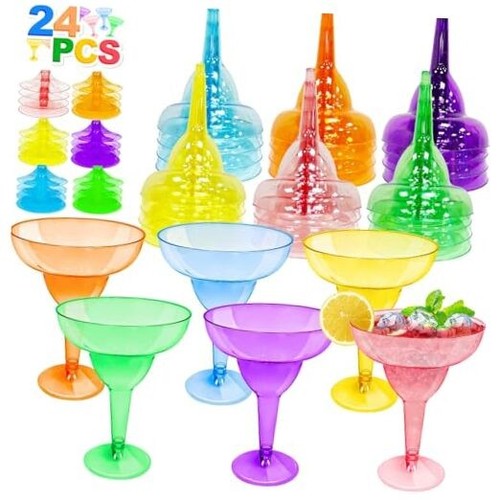 24 Pack Plastic Margarita Glasses 12 oz Disposable Neon Cocktail Cups for