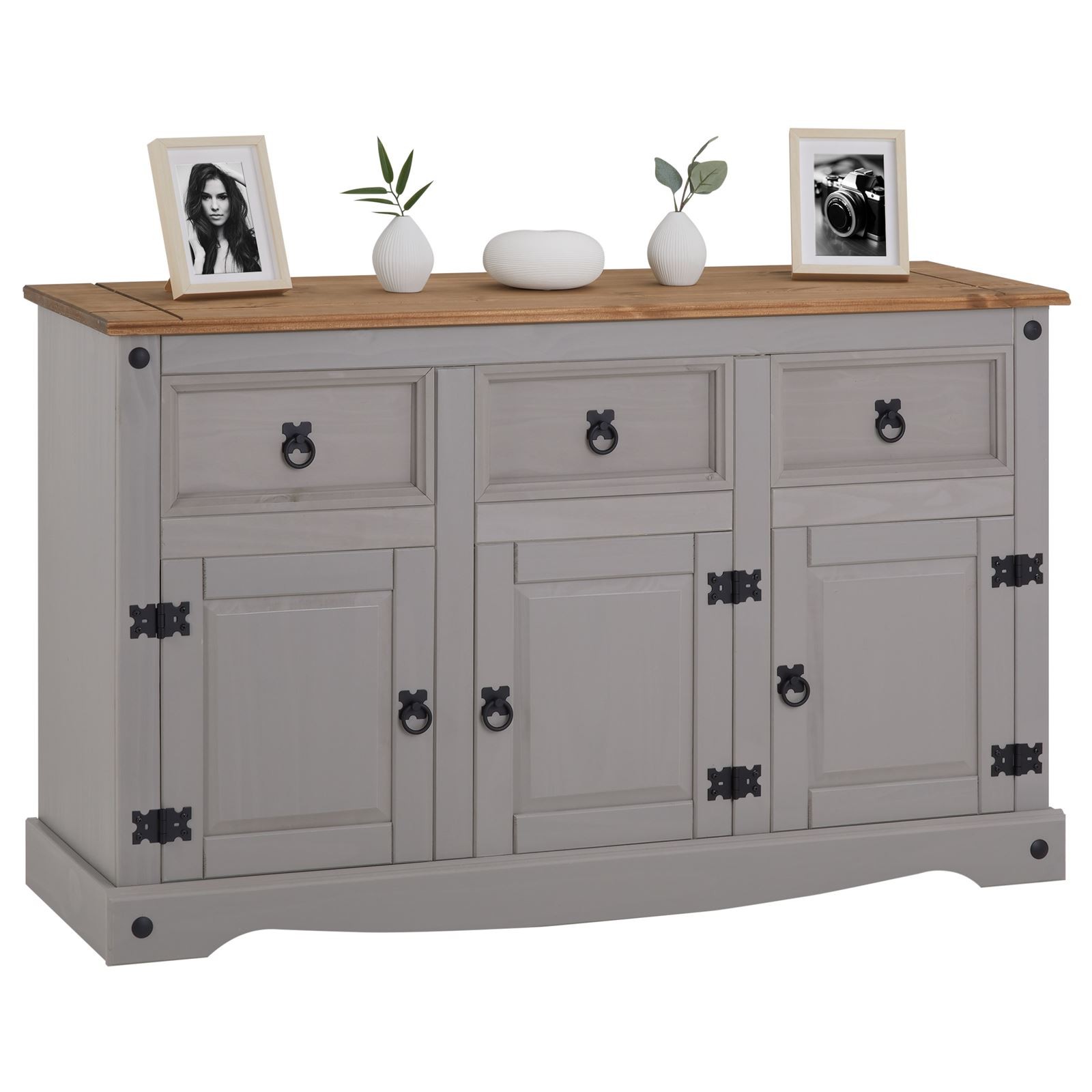 Buffet commode style mexicain haut de gamme en pin massif bicolore gris et brun foncé