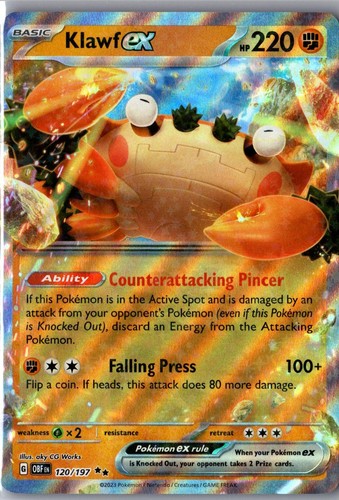 Klawf ex 120/197 Ultra Rare Obsidian Flames Pokemon Holo Lightly Played