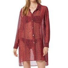 Michael Kors Women  s Animal Print Sheer Swimsuit Cover Up Shirt Red Size M