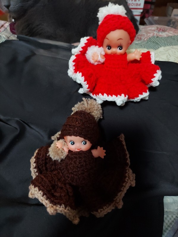 Vintage Kewpie Dolls X2  Rubber  5"  Made in  USA Hand Crocheted Outfits.