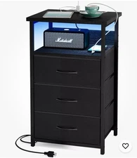End Side Table Charging Station Black Nightstand W/3 Fabric Drawers USB Ports