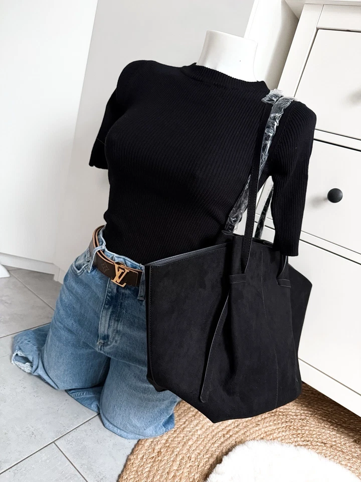 Large Bag Tasche schwarz Shopper handtasche long strap Velours Wildleder Optik - Bild 3 von 4