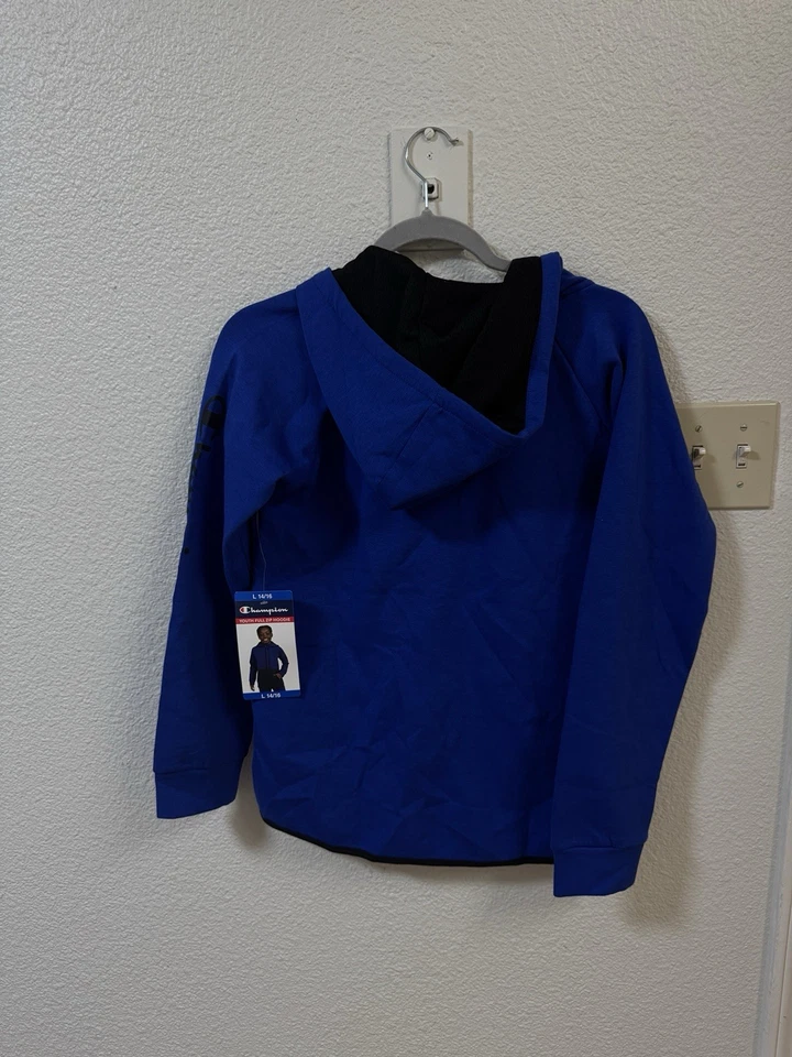 Champion 连帽衫男孩 L 14/16 蓝色全拉链口袋色块 Raglan 标志 — 第 4/4 张图片