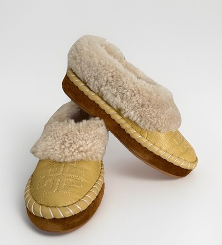 Tory Burch Cornbread Deer Leather Shearling Oversized Slipper Sz 7 NWB - Picture 5 of 11