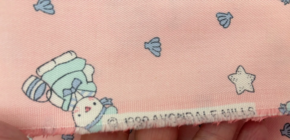 Vtg Scant 1Yd 60WX20.5L Pink Blue BUNNIES Stars AVONDALE FABRIC Twill Cotton - Image 2 of 4