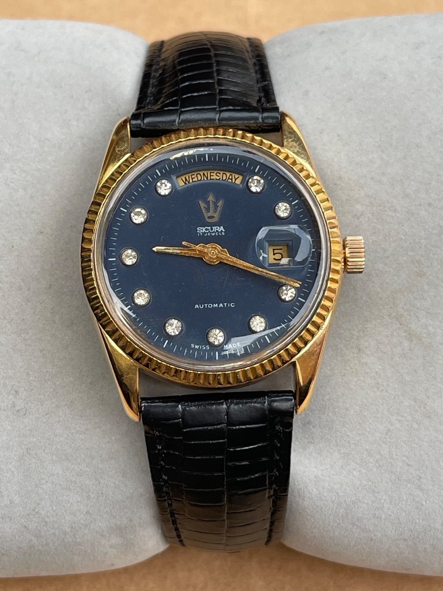 Sicura Day-Date 9241 Automatic Red Dial Crystal Markers 1970s 38mm