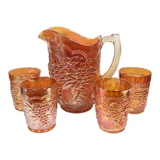 Imperial Carnival Glass Grape Pitcher And 4 Tumblers Set Marigold Orange Vintage