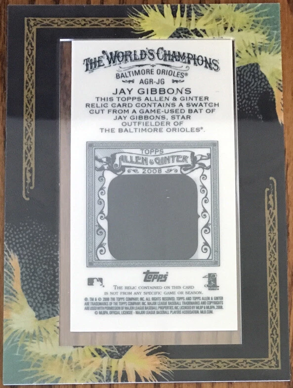 2008 Topps Allen & Ginter Relics Jay Gibbons AGR-JG Baltimore Orioles - Image 2 of 2