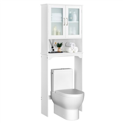 Modern Free-Standing Over-the-Toilet Storage with 2-Door Tempered Glass Cabinet 