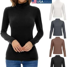 Womens Basic Fleece Turtleneck Long Sleeve Fitted Shirt Stretch Cotton Knit Top