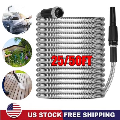 304 Stainless Steel Water Garden Hose 25/50FT w/Nozzle Connector Flexible US