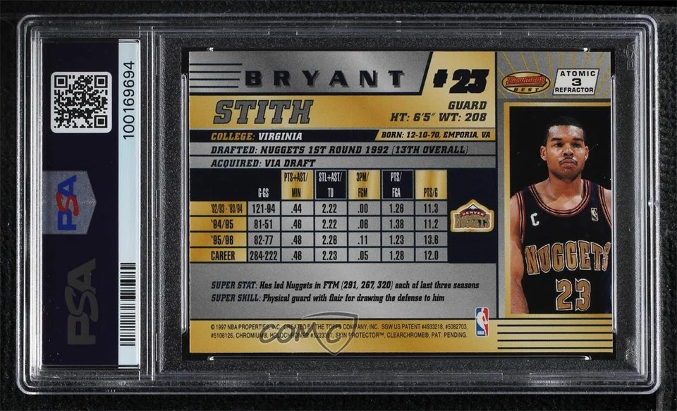 1996-97 Bowman's Best Atomic Refractor Bryant Stith #3 PSA 9 MINT - Image 2 of 2