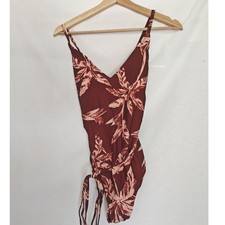 Kona Sol One Piece Swimsuit Tropical Palm Print Wrap Tie Red Pink Size M 8 10