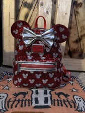 Loungefly Disney Minnie Mouse Mini Backpack Red Sequin with Silver Bow and Ears