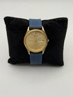 Vintage Seiko 7N43-8A90 Gold Tone Day Date Quartz Watch New Blue Canvas Strap