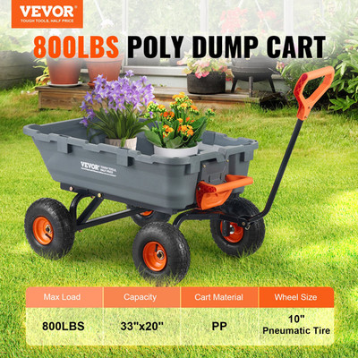 Garden Dump Cart 800lb Capacity, Poly Wagon w/ Steel Frame, 10in Wheels
