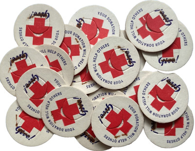 LOT of  30   RED CROSS  YOUR DONATION WILL HELP OTHERS  GIVE  MILK BOTTLE CAPS