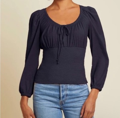 Nation LTD XS Mavis Smock Peasant Top Navy Pima Cotton Milkmaid Fitted Boho