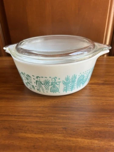 Pyrex Turquoise Amish Butter Print Casserole Dish 472 1.5 Pint & Lid | Vintage