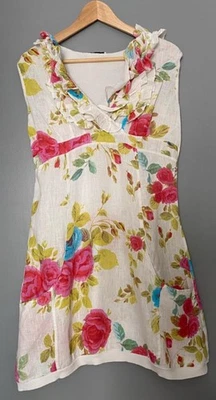 100% Linen Romantic Floral Knee Length Dress Size L 16-18 Summer Sleeveless VGC - Image 1 of 4