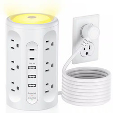 Power Strip Tower 10 Ft. 12-Outlet 5-Ports Surge Protector with Night Light and