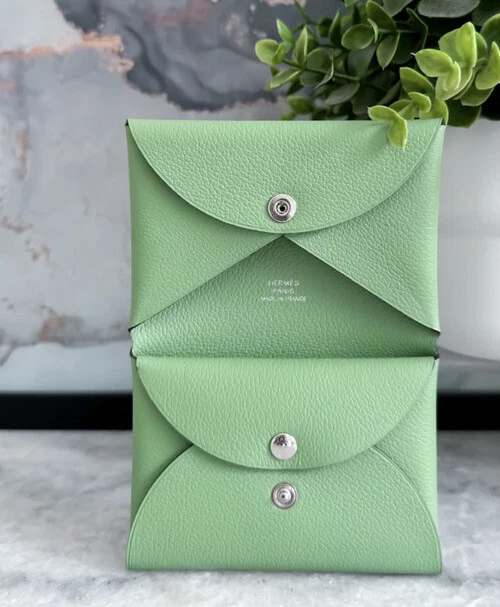 Pre-Owned Hermes Calvi Duo Card Holder Wallet Green Tinged with Blue Color