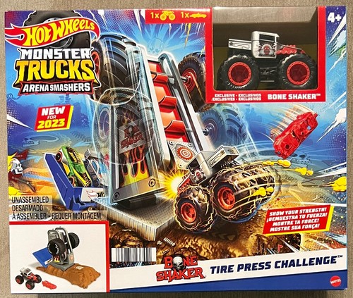 Hot Wheels 2023 Monster Trucks BONE SHAKER Tire Press Challenge #HNB88 1:64