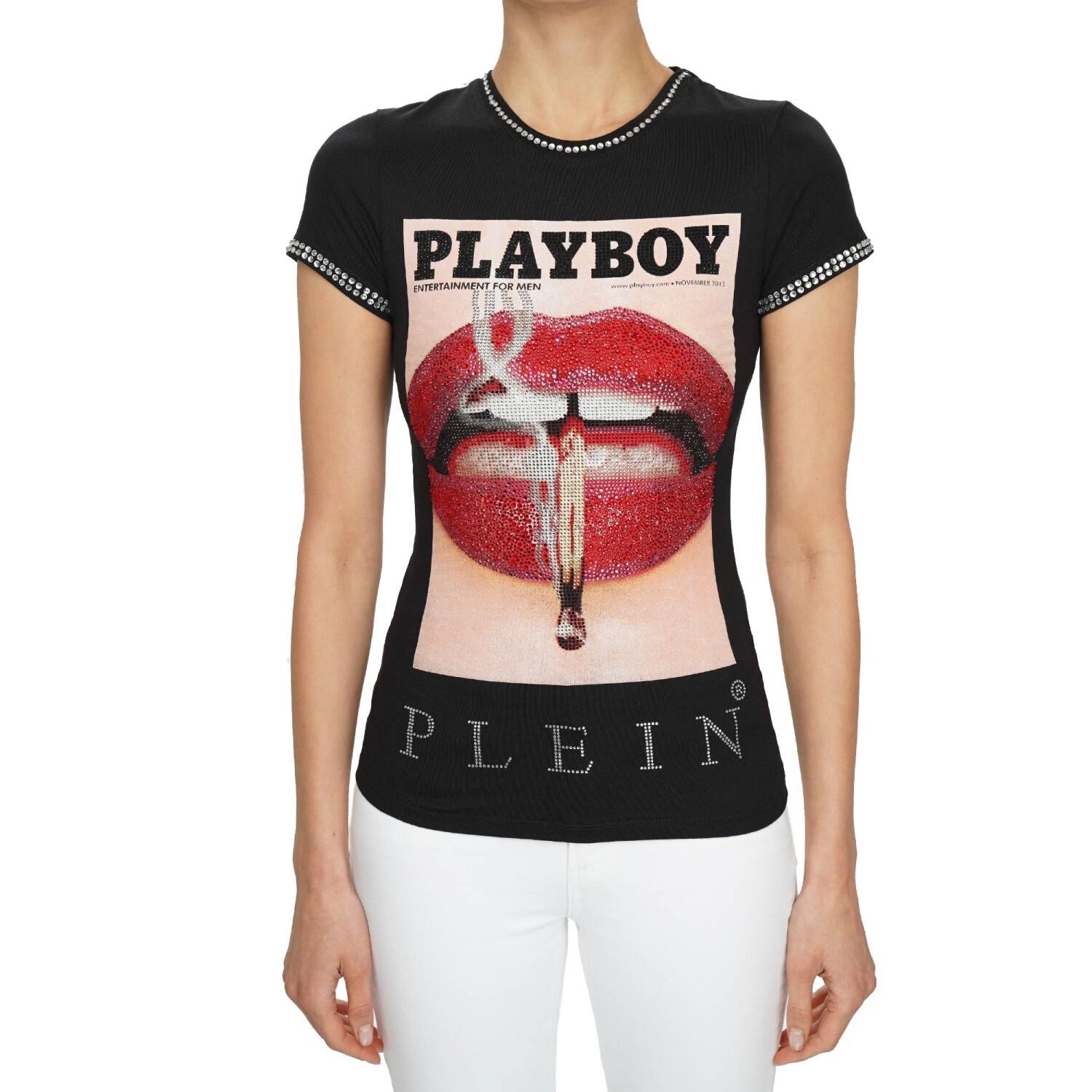 PHILIPP PLEIN x PLAYBOY Magazin Cover Crystal Lips T-Shirt Black Red 08486