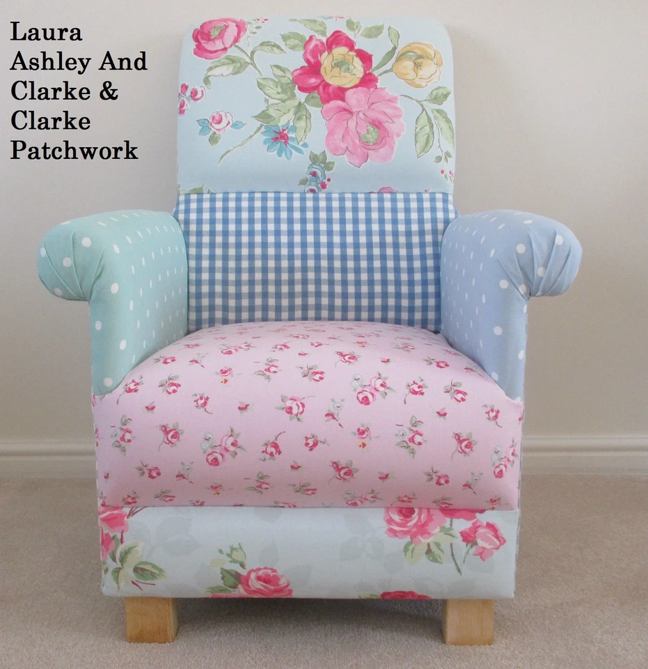 Laura Ashley Patchwork Fabric Adult Chair Pink Blue Gingham Floral Duck Egg Spot - Image 2 of 4