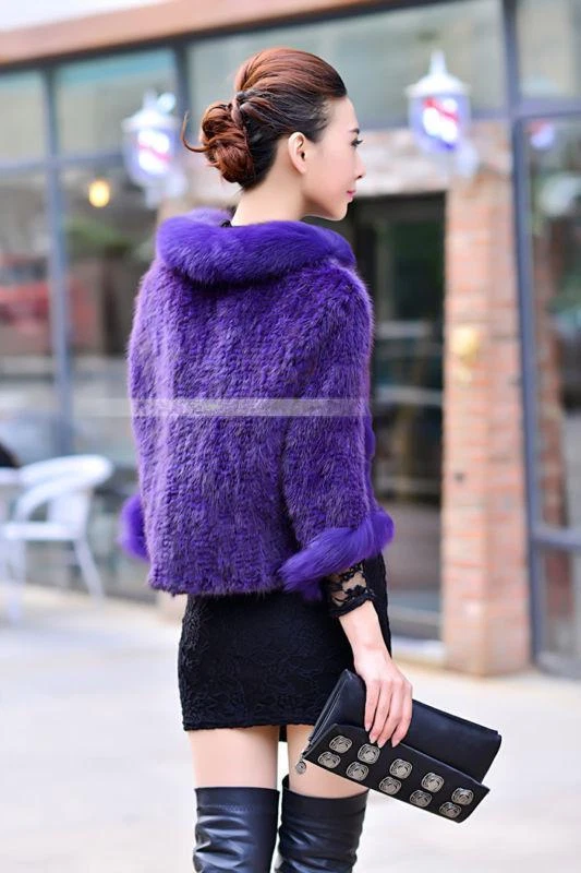 100% Real lavender Knitted Mink Fur Fox Collar Cape Stole Shawl Scarf Coat R957 - Image 2 of 4