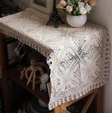 Vintage Skilful Fine Yarn Handcraft Crochet Cotton Beige Table Runner